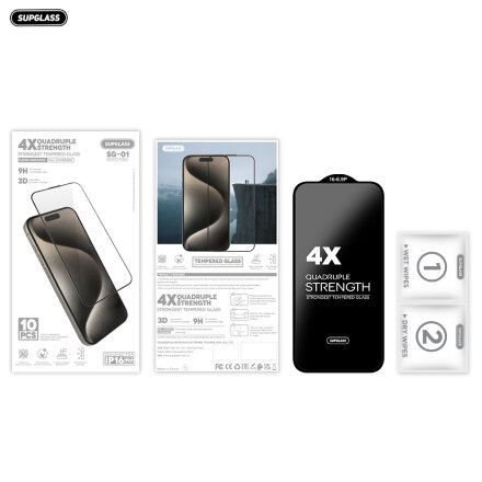 Защитное стекло  Supglass  SG-01 4X Quadruple Strength Glass  10-in-1  For IP 15 Pro Max (6.7)